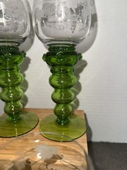 Antique German Theresienthal Barvaria Green Ribbed Baluster Stem Wine Glasses 4