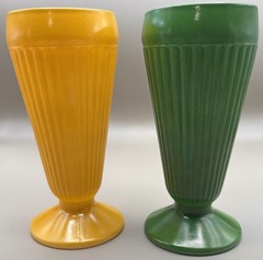 2 Vintage Old Fashioned Ribbed MILKSHAKE GLASS Retro MCM Yellow And Green