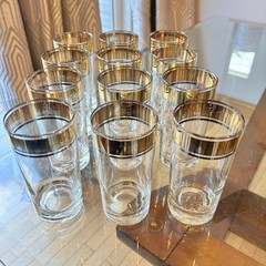 Rare MCM Vintage Gold & Double Silver Trimmed High Ball Glasses Set of 12 FLAW