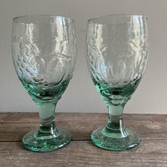 Vintage SET OF 2 Libbey Glass Orchard Fruit Green Stemmed Water Goblets-16 oz