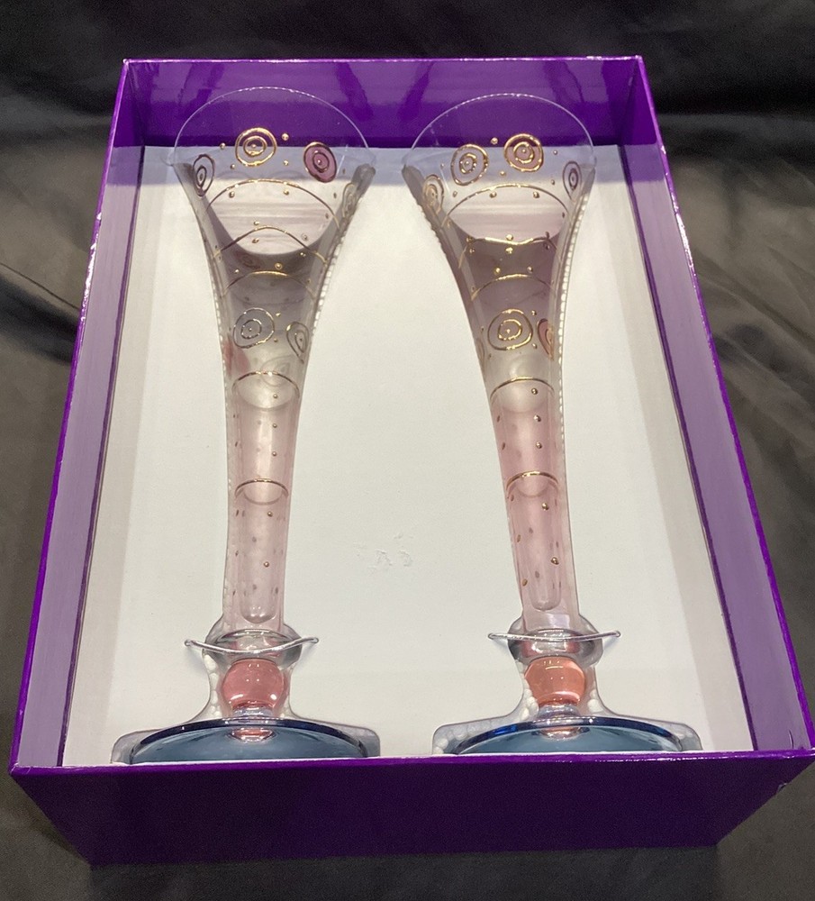 2 NEW HARMONY MM6177 Hand painted DECORATED CHAMPAGNE TRUMPET FLUTES 10 1/2”T