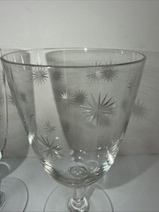 VTG MCM Atomic Starburst 6” Footed Aperitif Wine Etched Glass 3” Wide Set Of 2