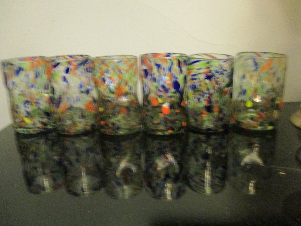 6 Vintage Mid Century Modern MCM Pinched Hand Made Art Glass End of Day Tumblers