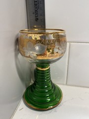 6-VTG Roemer German Wine Glasses Beehive Stem Green/Gold Gilded Etched Frankfurt