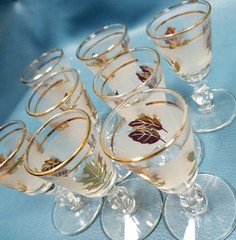 VTG Libbey Frosted Glass Golden Foliage Gold Leaf Set 8 Cordial Glasses Stemmed