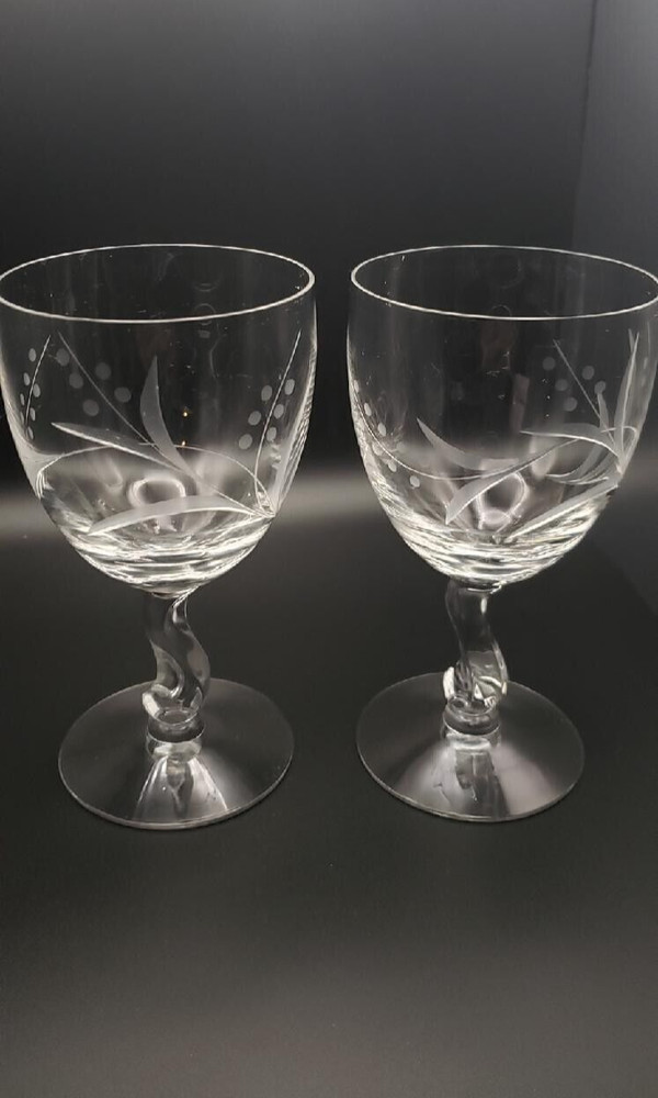 Fostoria Crystal Gray Cut Spring Pattern Water Goblet – set of 2