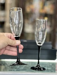 Set Of 2 Luminarc France «Domino Signature Black Stem» Champagne Flutes Glasses