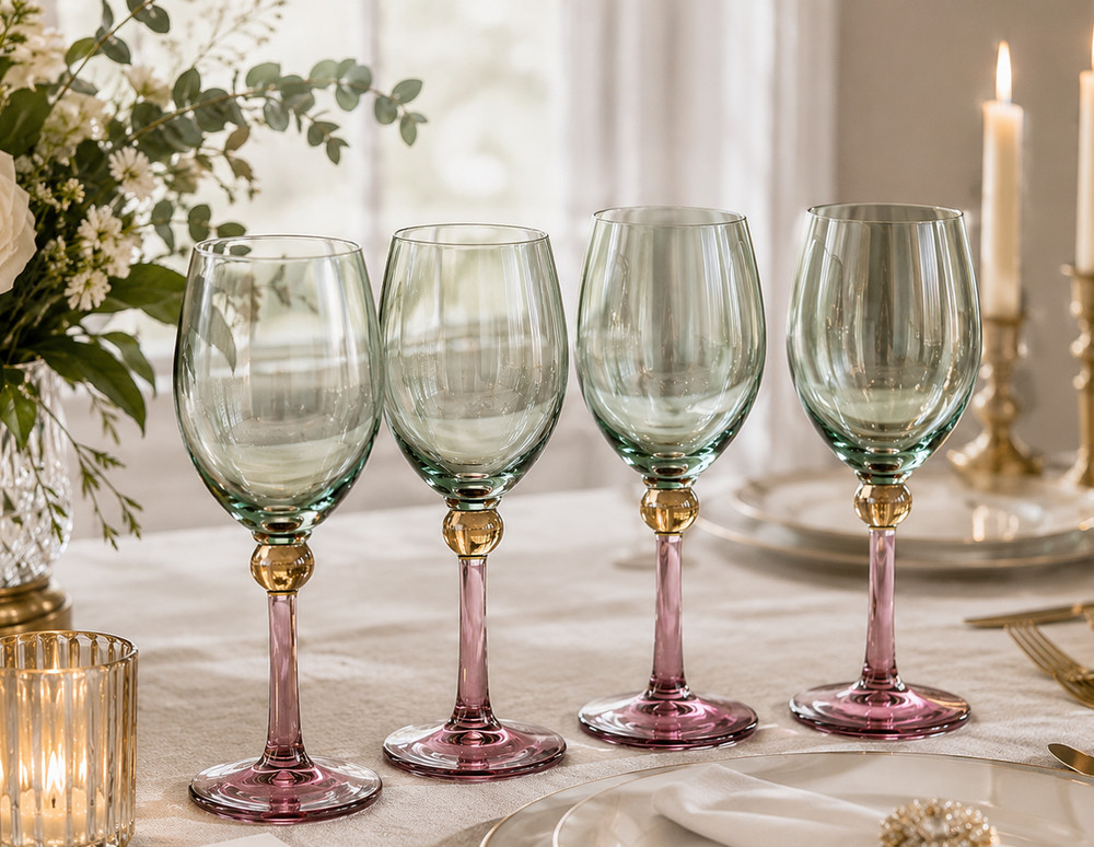 VTG Euroglass Italy 4 Hand Blown Wine Glasses Pink Stem Teal Bowl Iridescent