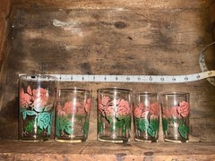 Vtg. Federal Glass Pink Rose to Green Leaf Drink Glasses 5 in 3 different sizes