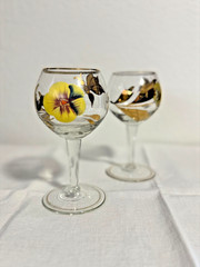 2 Vintage Romania Bohemian Hand-Painted Stemmed Glasses Gold Butterfly Yellow