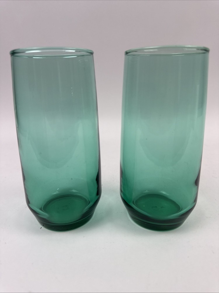 Set of 2 Vtg Anchor Hocking Tall Teal Green Drinking Glasses 2.5″ x 6″