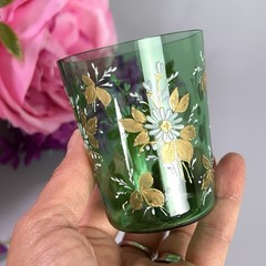 Antique Moser Type Tumbler Gold Leaves Scrolls 19thC 2.75”H Bohemia
