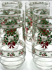 Christmas Double Old Fashion Glasses 6 Holly Wreath 14 Oz Vintage Victorian