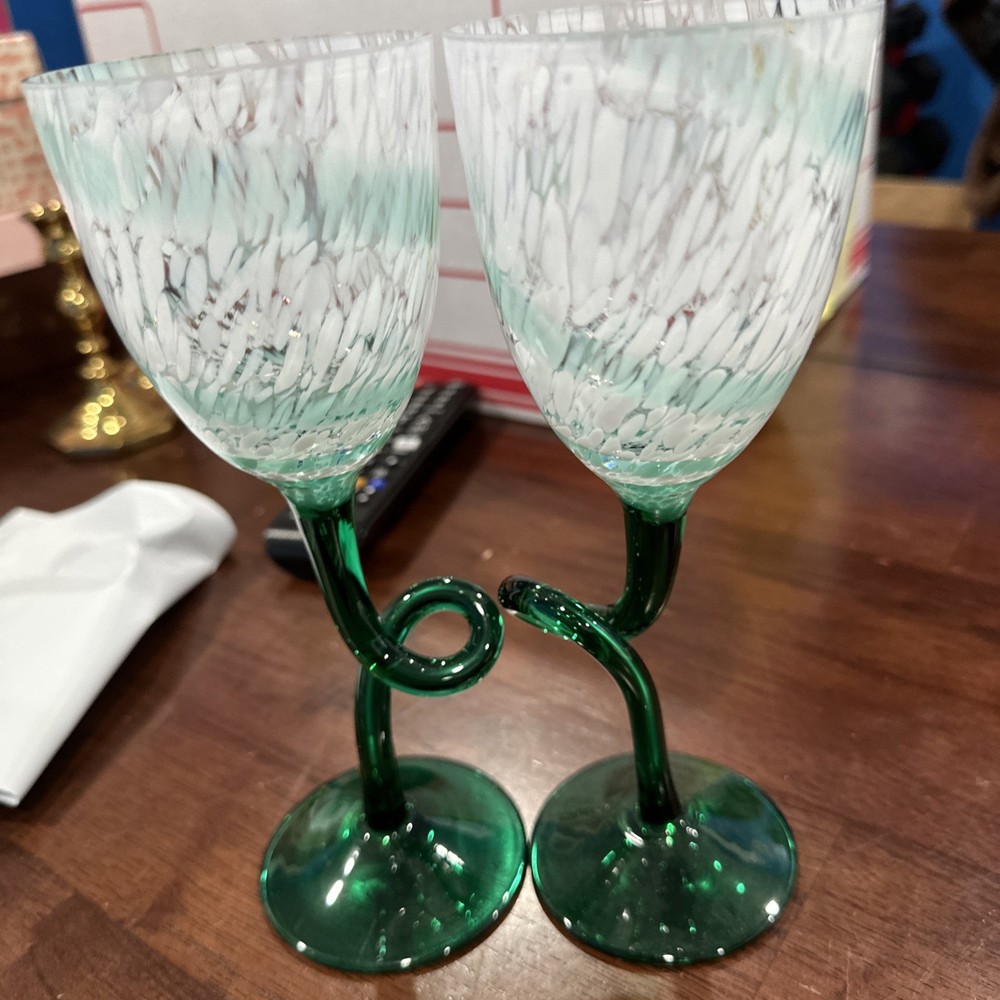 Wine Goblets Blown Art Glass Green And White Set Of 2 8”