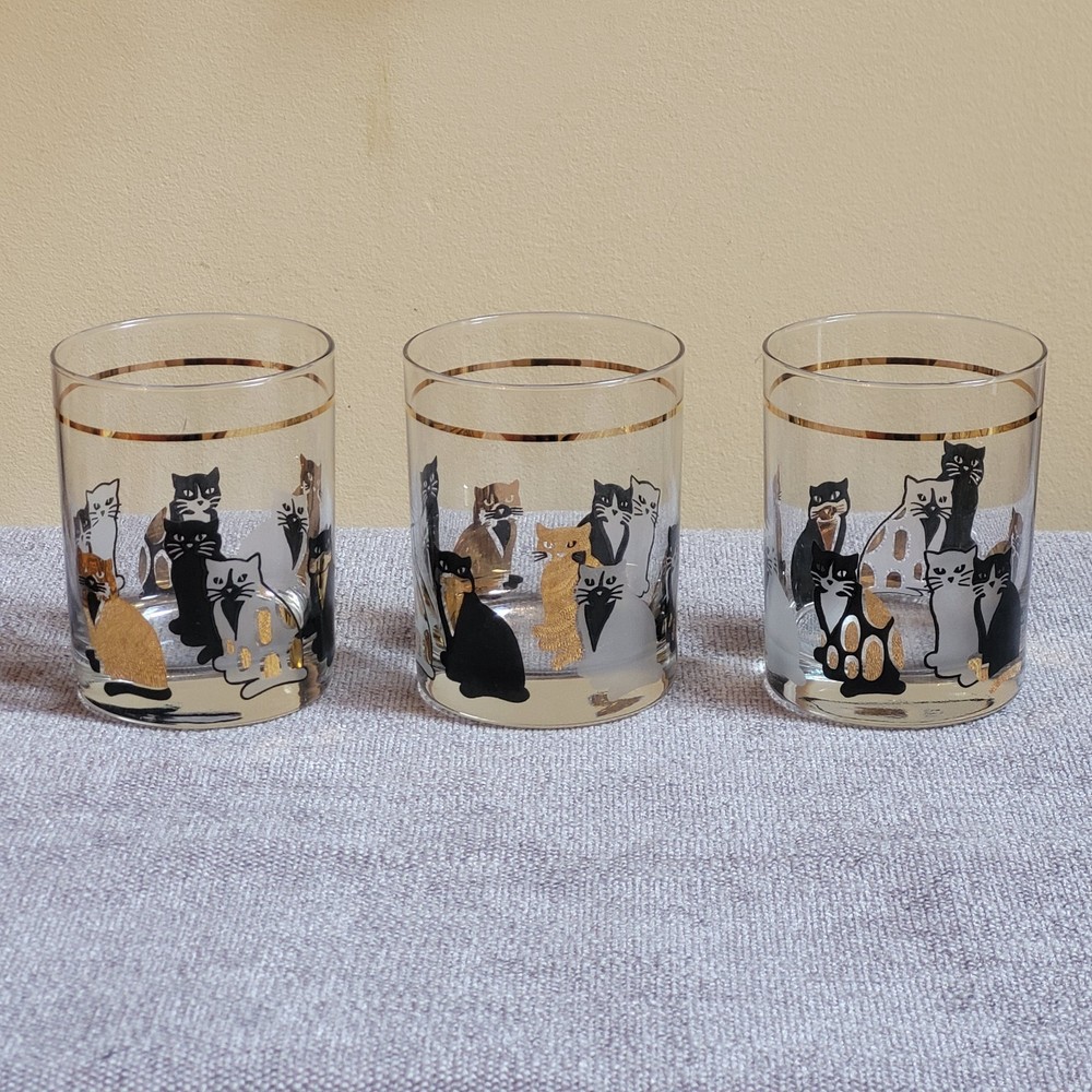 Culver Cats 22K Gold Trim Black White Double Old Fashioned MCM Glass Set Of 3