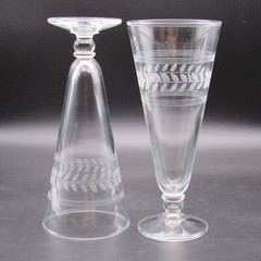Vintage Footed Pilsner Glasses, Pair (2), Stripe & Laurel Band, 7 1/4″ h, Clear