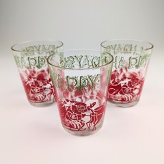 Three 4.5 in Tall Vtg Happy Holidays Glasses Santa Sleigh Reindeer Red Green