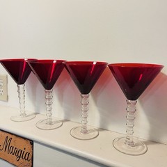 Vintage Art Deco Ruby Martini V-shape Martini Glass Twisted Stem Set Of 4