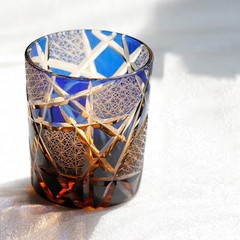 Edo Kiriko Hand-Cut Crystal Amber Blue 9oz Bourbon Old Fashioned Whiskey Glass