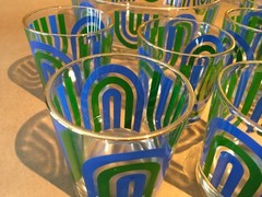 RARE! Vintage MCM JEANNETTE 8 Pc Old Fashioned Low Ball Glass Set + Serving Bowl