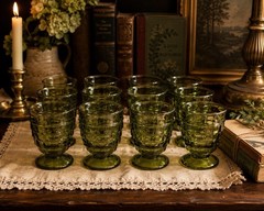 Vtg Indiana Glass Whitehall Cubist Olive Green Set of 12 Pedestal Water Goblets