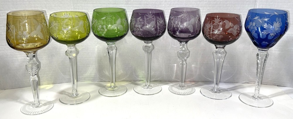 VTG Lot 7 Bohemian Czech Cut To Clear Crystal Hock Stem Wine Water Glass Goblet