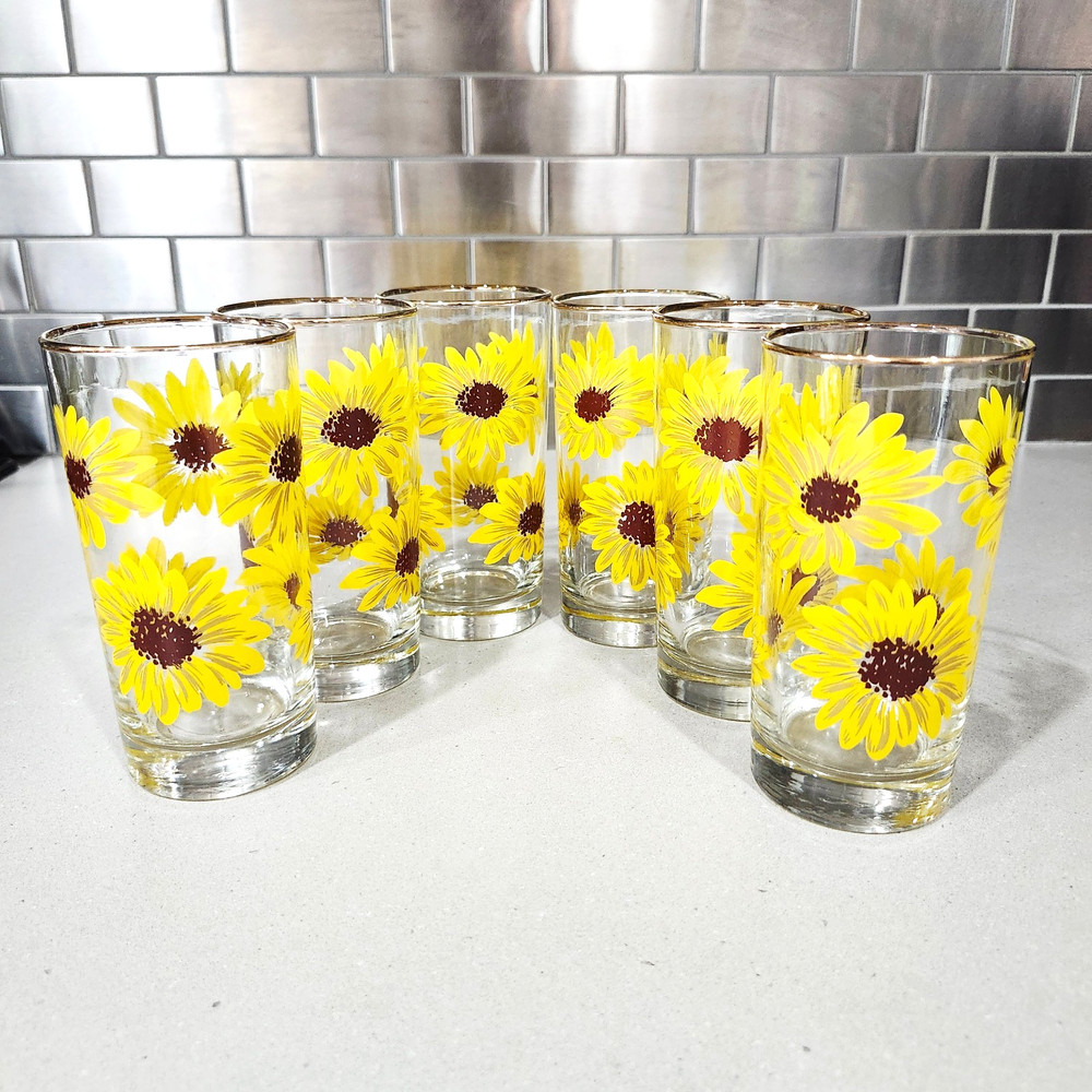 Libbey Sunflower Gold Rim Yellow Brown 1970 Flat Tumbler Glass Set of 6