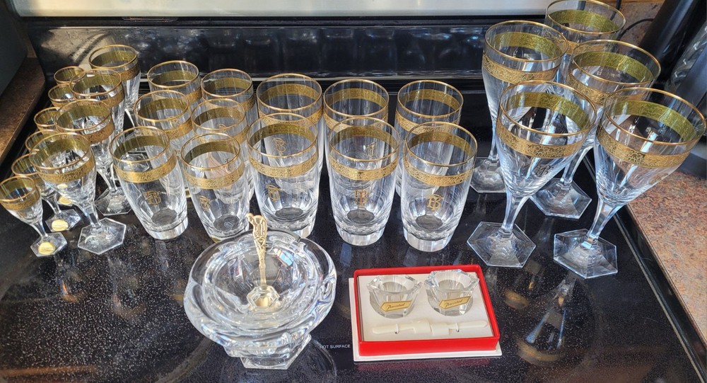 Moser Crystal Copenhagen 24k Gold Wine Glass Set And Baccarat Jam Jar Crystal
