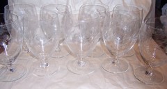 VINTAGE ETCHED DESIGN CRYSTAL PETITE STEM WINE GLASSES – SET OF NINE