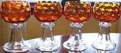 Set 4 Hand Blown ORANGE OPTIC COIN DOT GLASS Water Goblets EMPOLI ITALY 1960s