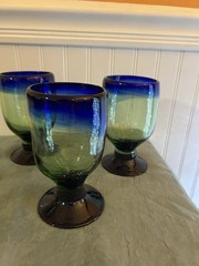 4 hand-blown glass goblets, Mexican. Vibrant green And Blue