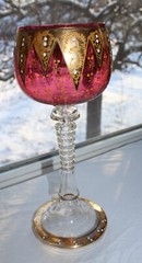Antique Moser Cranberry Red Enameled Raised Gold Glass Goblet 14″