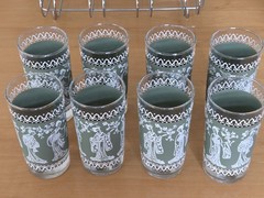 Vtg Libbey Geisha Drinking Glasses Set 8 Olive Green Frosted Highball Caddy MCM