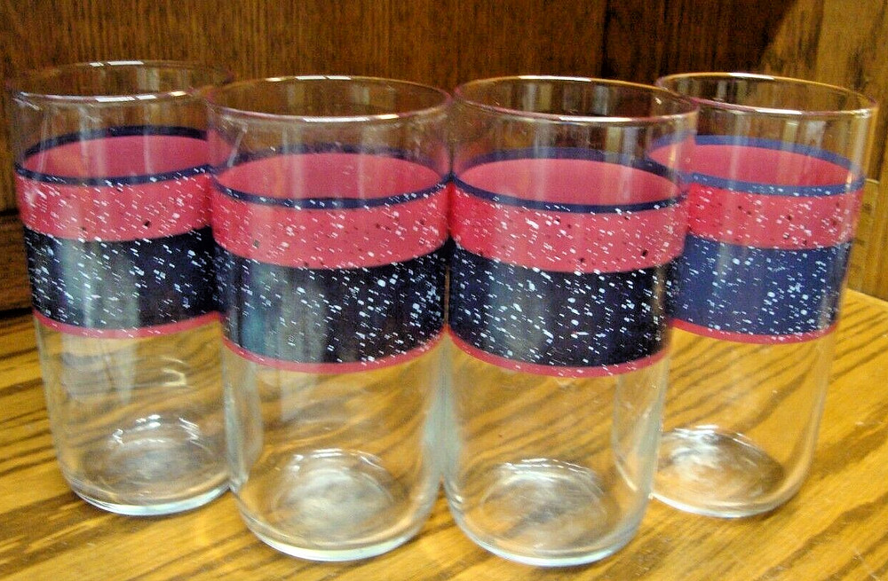 Vtg Set 4) Tea Water Glasses~Clear w/Blue/Red Speckled Rings MCM Tumblers L29
