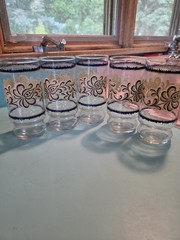 5 VTG Libbey Glass Tumblers Blue Gold Scroll Floral Leaf Flower Pattern LRS170