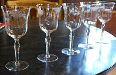 Vintage WESTON Set 5 WATER WINE GOBLET GLASSES Hand Etched OPTIC PANEL 7.5″