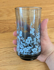 Set of 4 Vintage 70s Libbey Glass ORIENTAL Smoky Blue Floral Tumbler Glasses