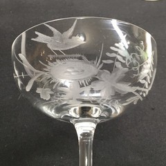 Vintage 1920s Gray Cut Birds Nests & Eggs Hand Blown Champagne Glasses, Lot Of 3