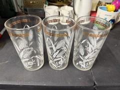 Hazel Atlas Wheat Glasses Tumblers Set of 3 White With Gold Trim Vintage 12oz