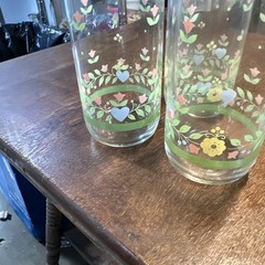 Vtg Pink Yellow Green Tulip Flower Blossom Drinking 6” Glasses 20oz libbey ?