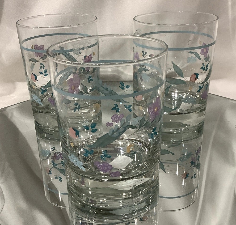 Pfaltzgraff April Double Old Fashion Rocks Glass Purple Flowers – Set of 3