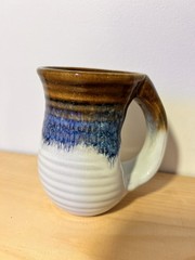 Art Pottery Wide Handled Mug Ribbed Design Blue, Brown, White