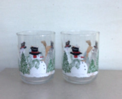 5 Libbey SNOWMAN WITH PINE TREES Winter or Christmas Lowball Old Fashioned Glass