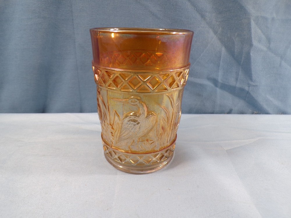 Diamond Dugan Stork & Rushes Lattice Band Marigold Carnival Glass Tumbler INV10