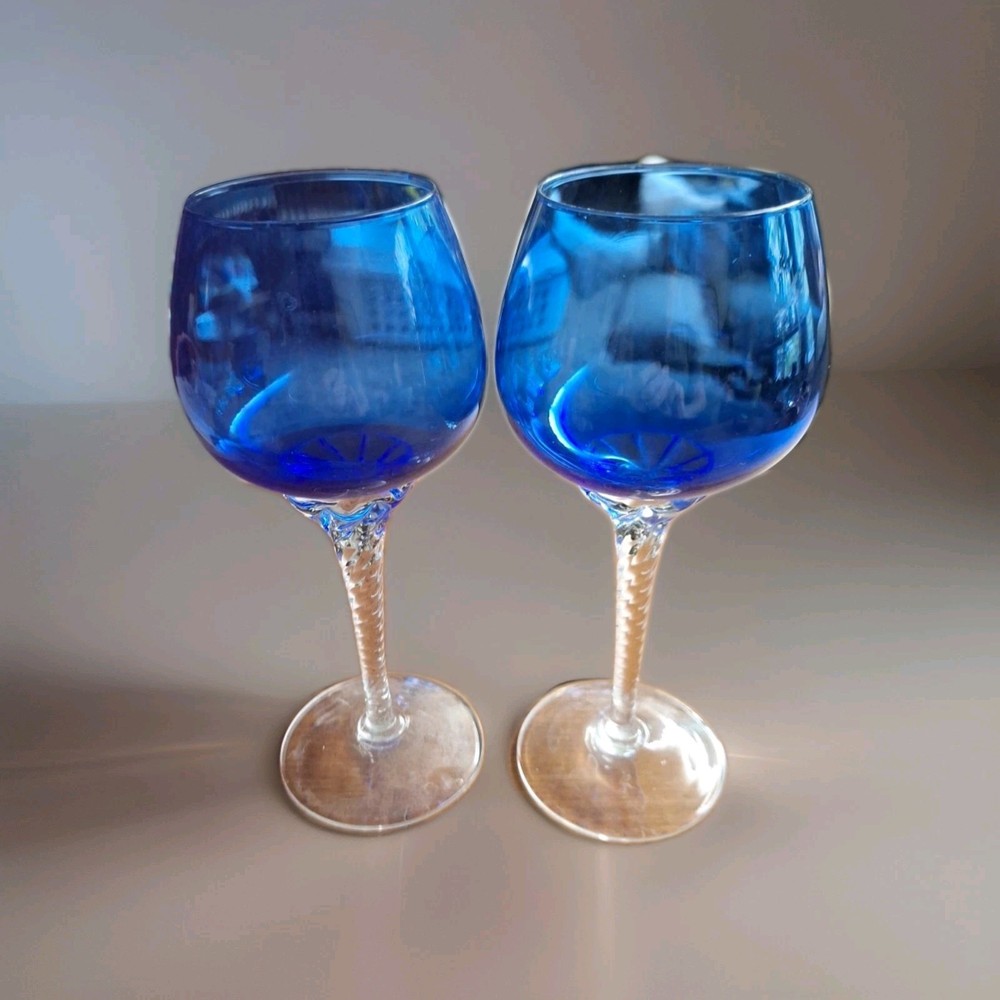 Vintage Pair Cobalt Blue Twisted Clear Stem Wine Goblets