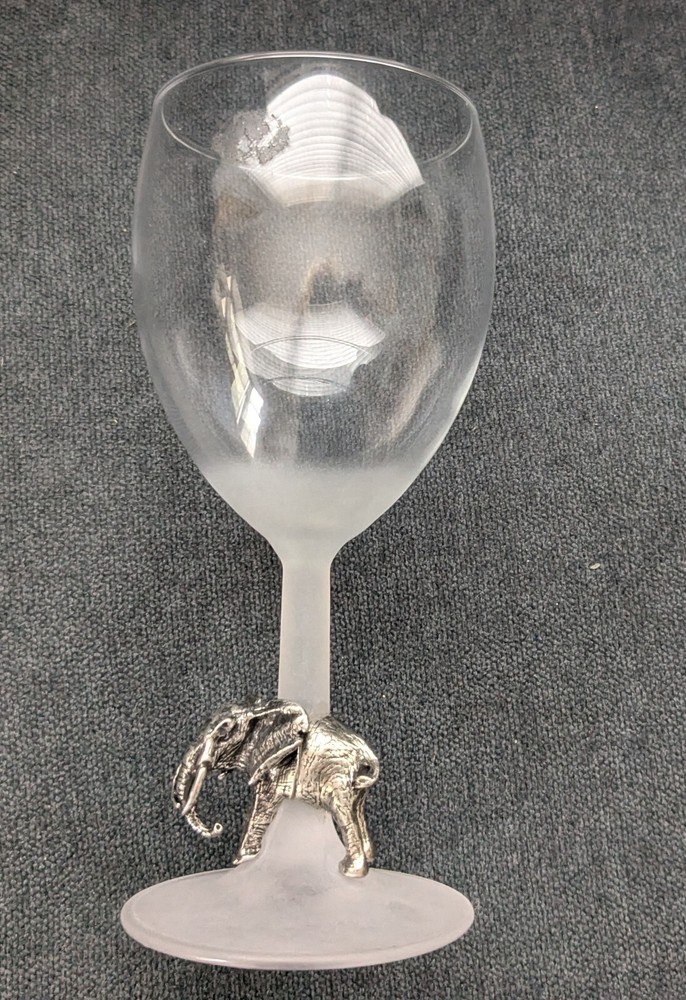 Wine Glass With Pewter Elephant Figurine Hand Blown Glass with Frost stem France