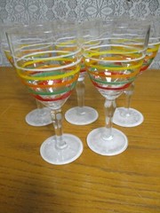 Set of 5 Vintage Rainbow Striped Glass Footed Drinkware Glasses – 9oz – 7 1/8″ t