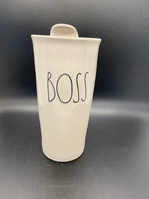 Rae Dunn by Magenta Tall Ceramic Coffee Travel Mug Tumbler W/ Lid «BOSS» Cup EUC