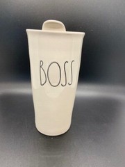 Rae Dunn by Magenta Tall Ceramic Coffee Travel Mug Tumbler W/ Lid «BOSS» Cup EUC