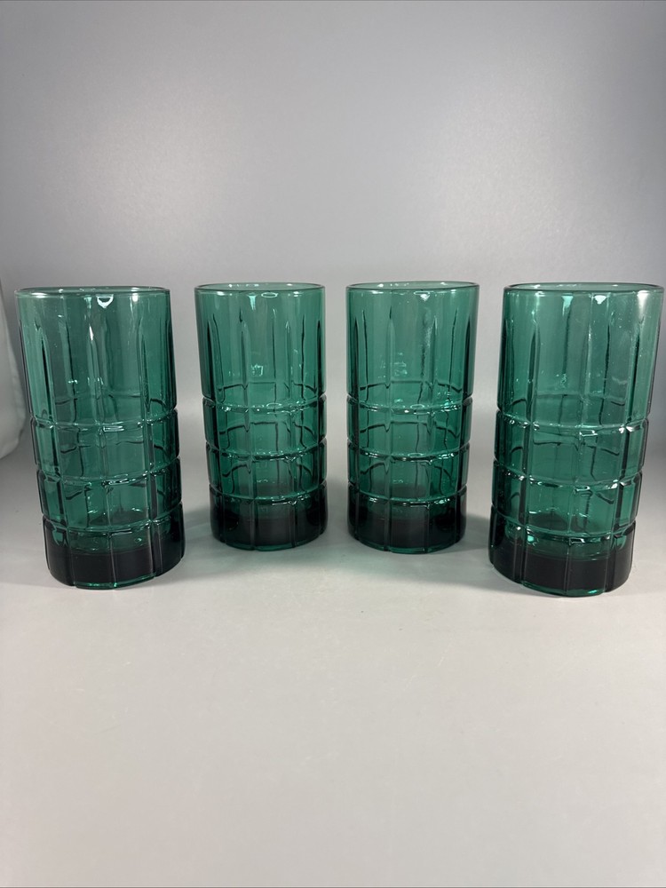 Vintage Anchor Hocking Tartan Plaid Emerald Green 16 Oz. Glass Tumblers Set Of 4